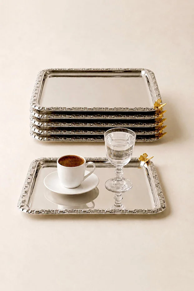 Kitchen Life 6-Piece Butterfly Square Stainless Steel Silver Decorative Presentation Coffee Tray-Luxury Serving Tray