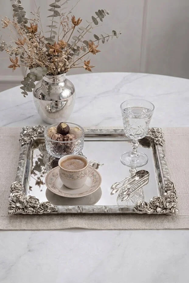 Kitchen Life 2-Piece Square Stainless Steel Silver Vintage Embossed Coffee Presentation Tray-Luxury Serving Tray